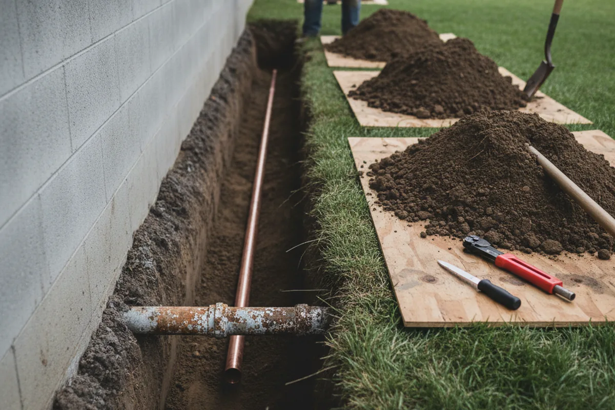 Excavated water line trench during Water Softener Installation in Stotts City